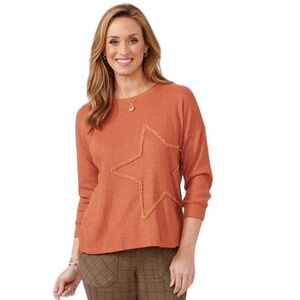 Democracy Ginger Spice 3/4 Sleeve Boat Neck Embroidered Star Knit Top